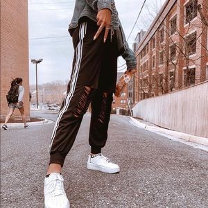 Distressed Ripped Joggers with Side Stripes